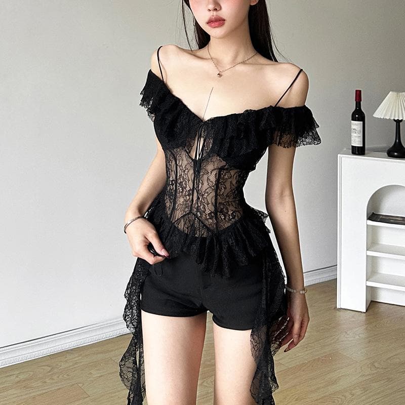 Off shoulder lace ruffle hollow out cut out top
