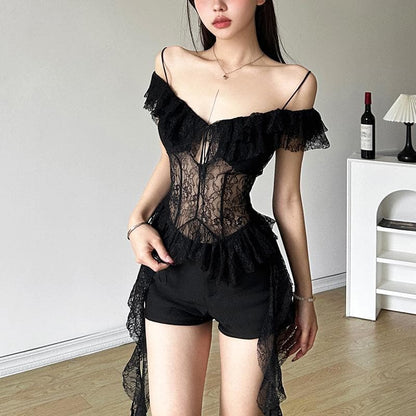 Off shoulder lace ruffle hollow out cut out top