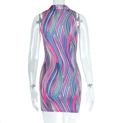 Abstract Stripe Print Point Collar Plunging V-Neck Lace Panel Mini Dress