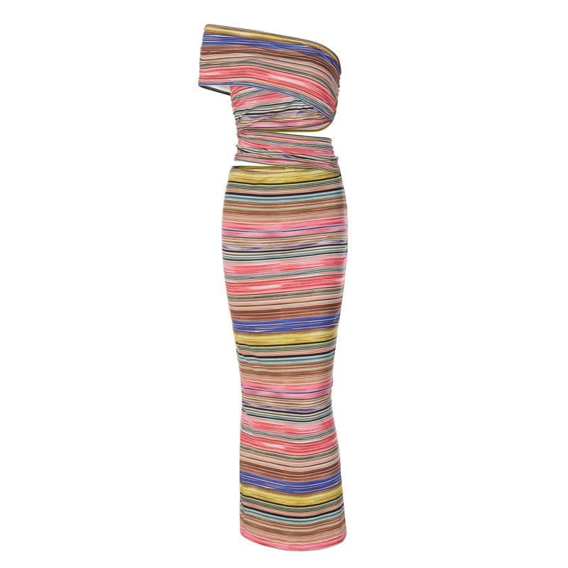 One shoulder contrast striped hollow out slit cut out maxi dress