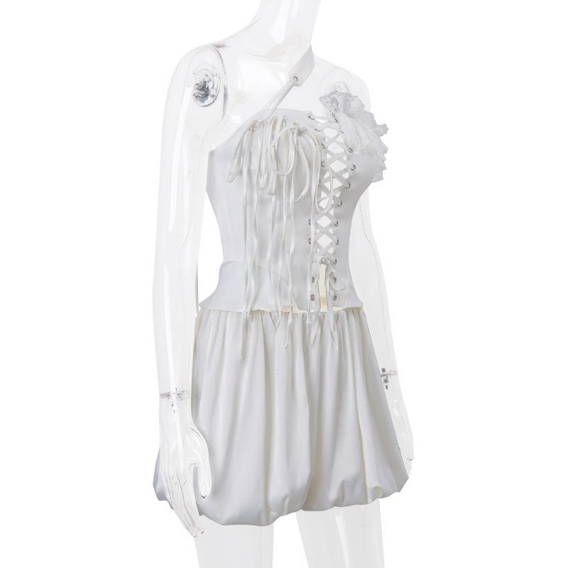 One off shoulder irregular lace up satin ruffle puff skirt set
