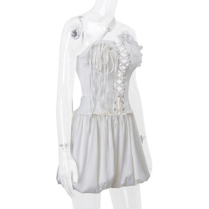 One off shoulder irregular lace up satin ruffle puff skirt set