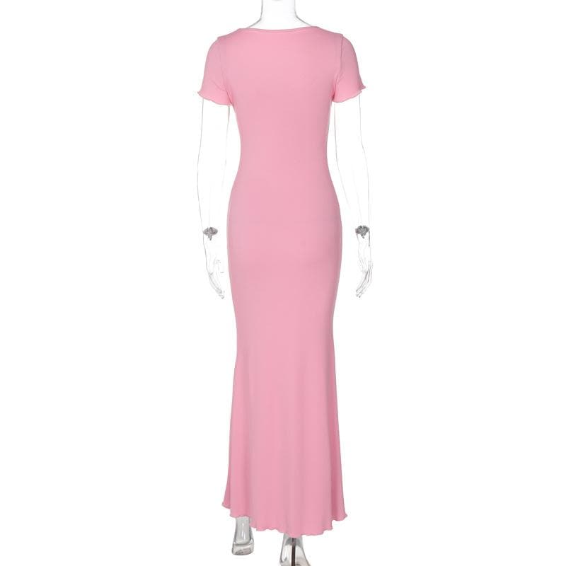 Short sleeve heart neck ruched ribbed solid maxi dress