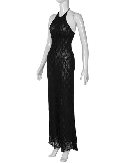 Halter backless ruffle lace maxi dress