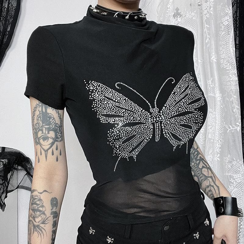 Short sleeve high neck butterfly beaded top