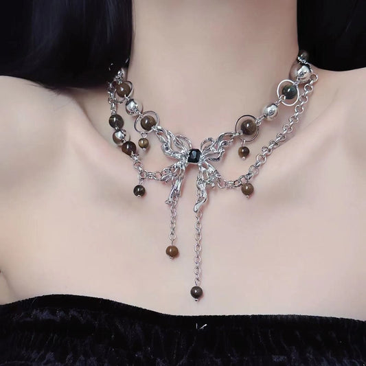 Butterfly beaded o ring layered choker necklace