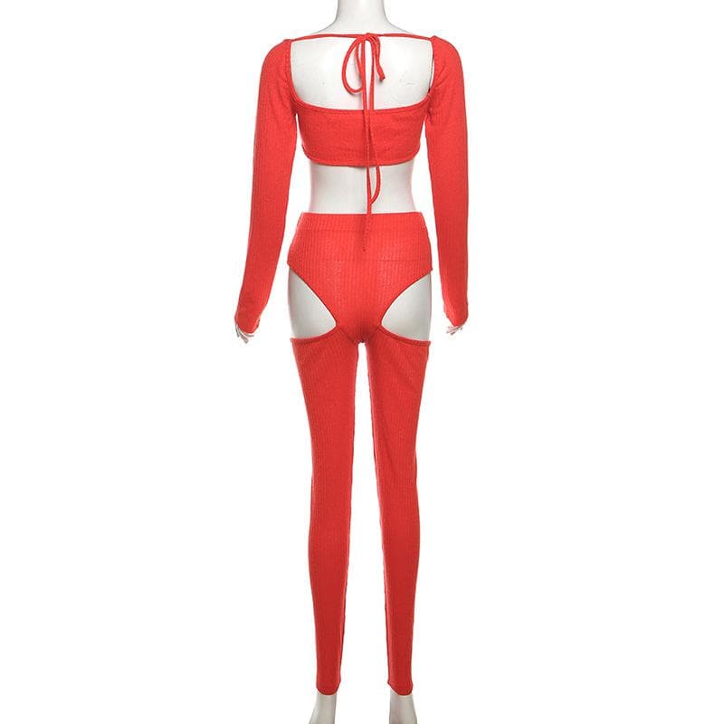 Long sleeve square neck ribbed hollow out pant set