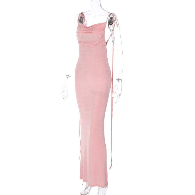 Cowl Neck Lace Up Back Tie Strap Backless Maxi Dress