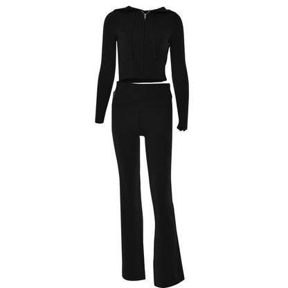 Long sleeve zip-up hoodie drawstring solid pant set
