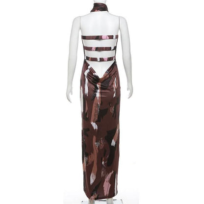 Print ruched backless hollow out tube cut out maxi dress-final-sale