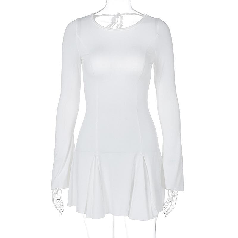 Long Sleeve Princess Seam Crisscross Back Tie Pleated Skater Mini Dress