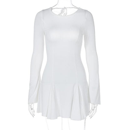 Long Sleeve Princess Seam Crisscross Back Tie Pleated Skater Mini Dress