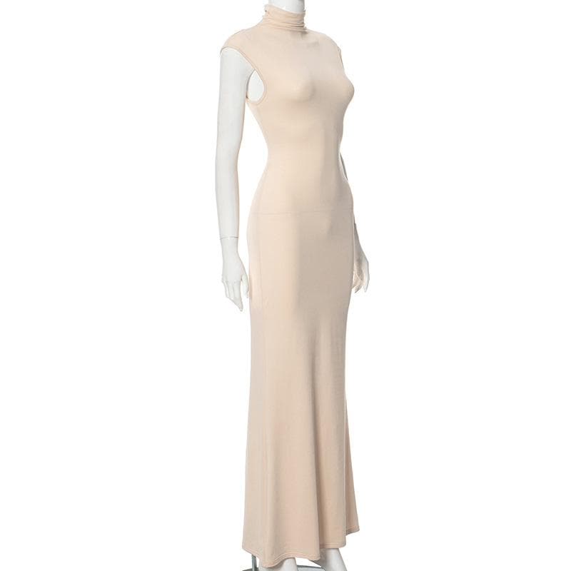 High neck cap sleeve solid maxi dress