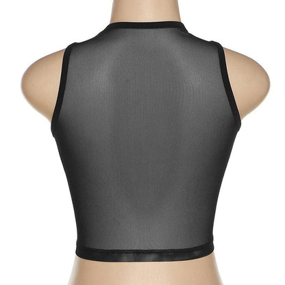 Sheer mesh see through palm embroidered crewneck crop top