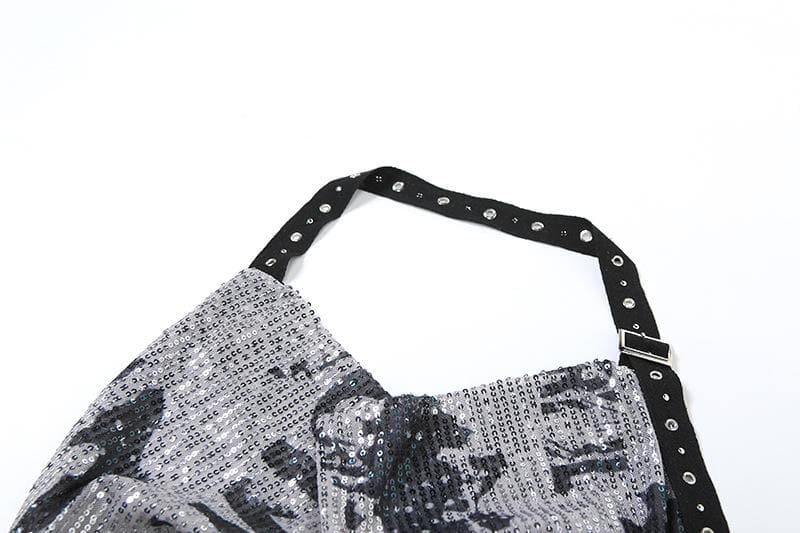 Halter cowl neck glitter buckle print top