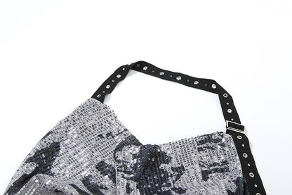 Halter cowl neck glitter buckle print top