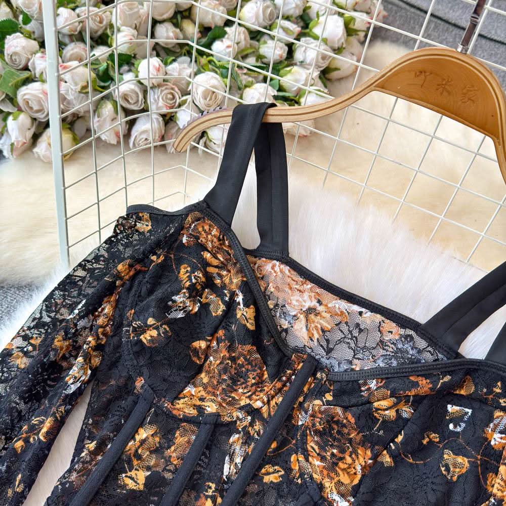 Long sleeve off shoulder flower print lace bustier top