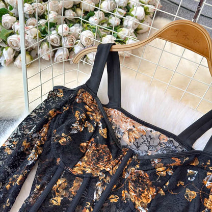 Long sleeve off shoulder flower print lace bustier top