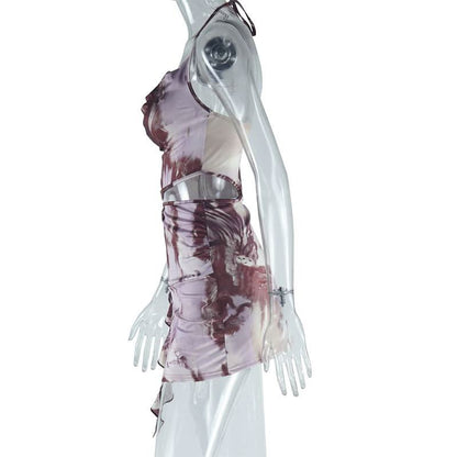 Halter cowl neck hollow out o ring abstract cut out mini dress