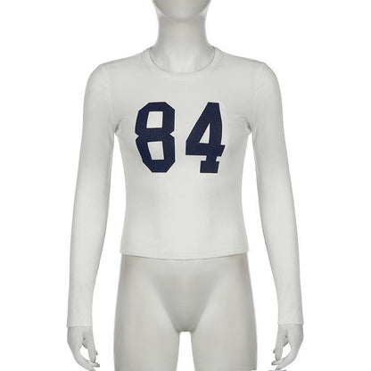 Long sleeve crewneck "84" print contrast top