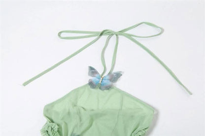 Halter sheer mesh butterfly applique backless maxi dress-final-sale