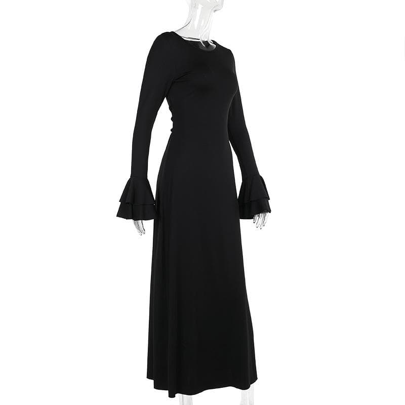 Long flared sleeve round neck lace up maxi dress