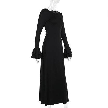 Long flared sleeve round neck lace up maxi dress