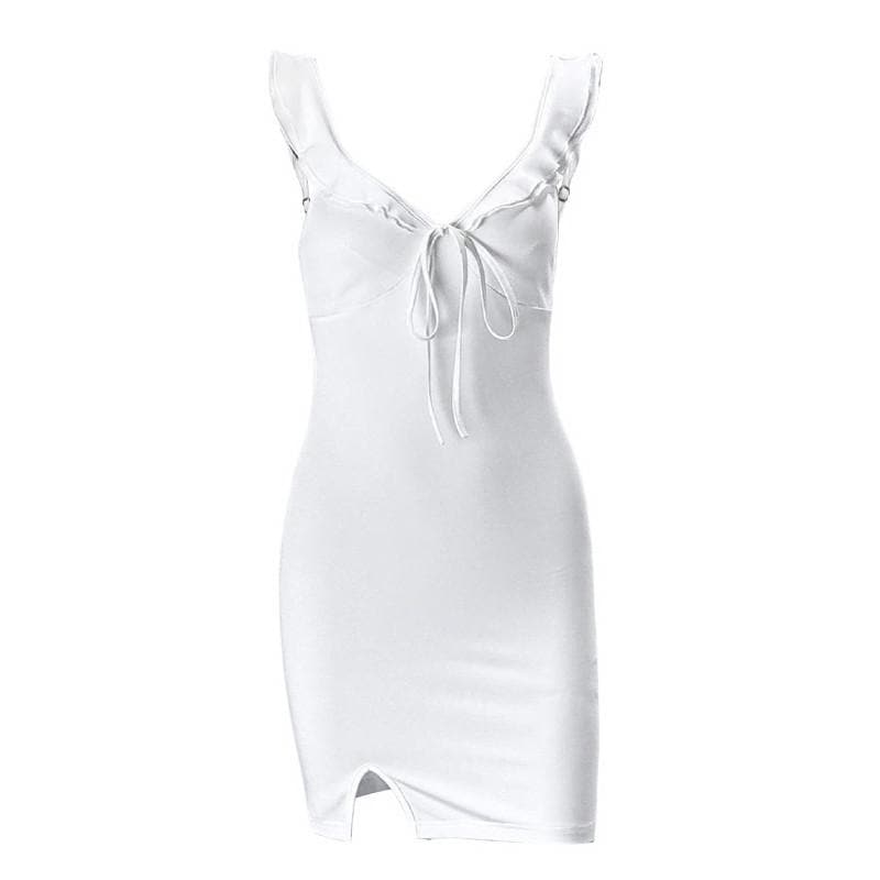 V neck slit knotted backless cami mini dress