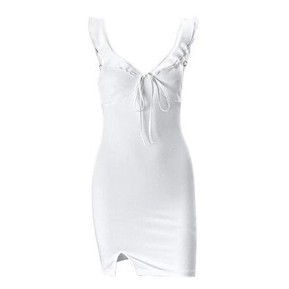 V neck slit knotted backless cami mini dress