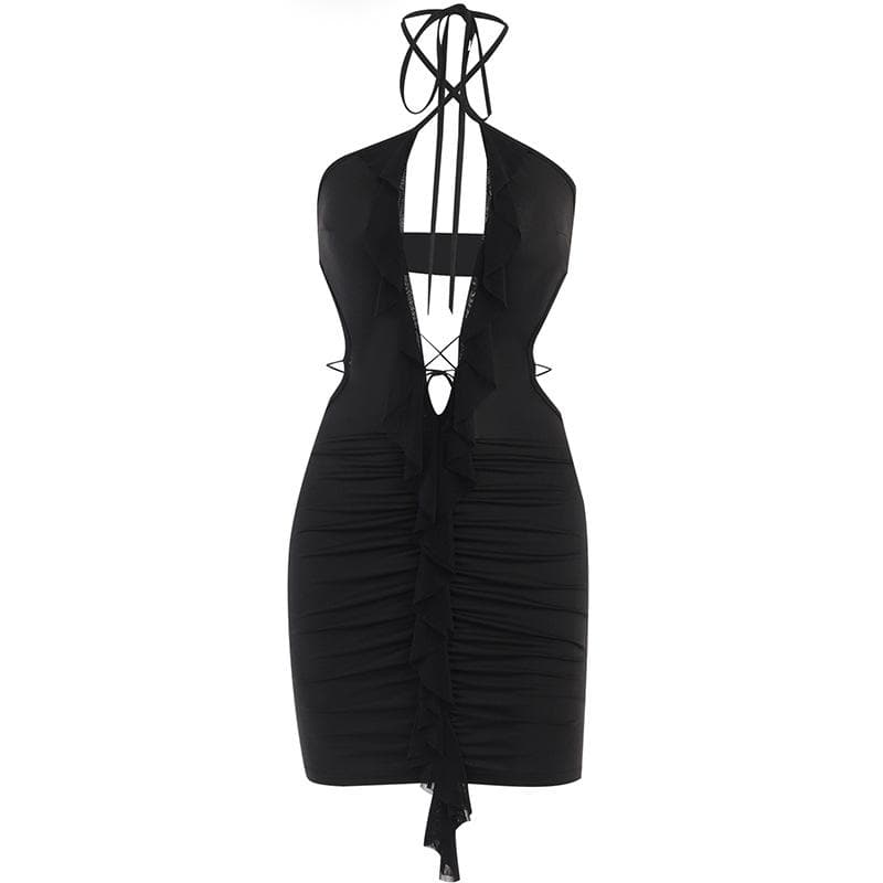 Halter Cross-Front Plunging Ruffle Trim Side Cutout Ruched Mini Dress