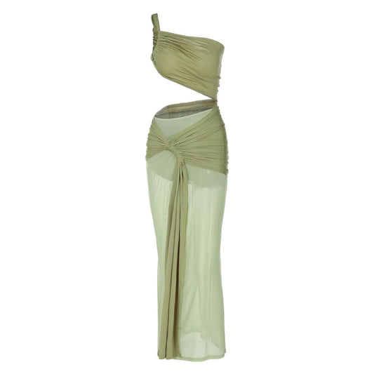 One shoulder ruched hollow out mesh cut out maxi dress