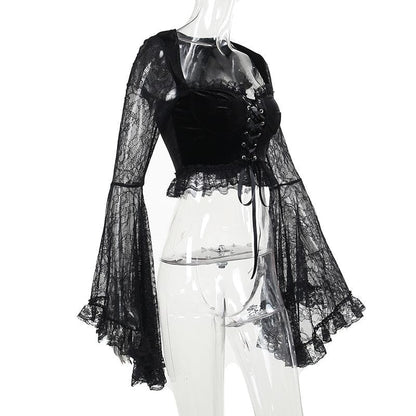 Long flared sleeve velvet lace patchwork ruffle lace up crop top