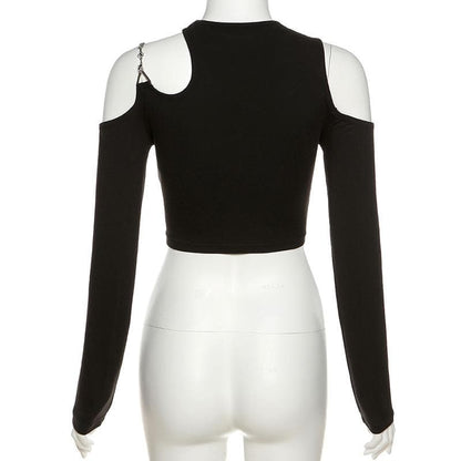 Long sleeve off shoulder metal chain crewneck solid crop top