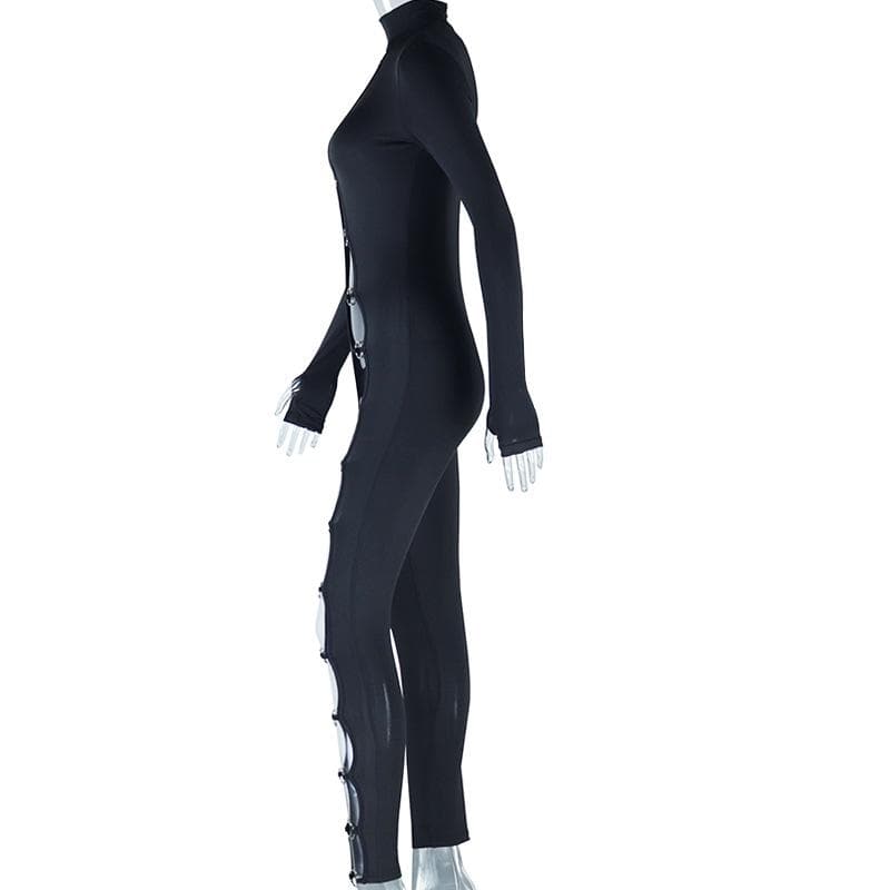 Long sleeve high neck o ring irregular jumpsuit
