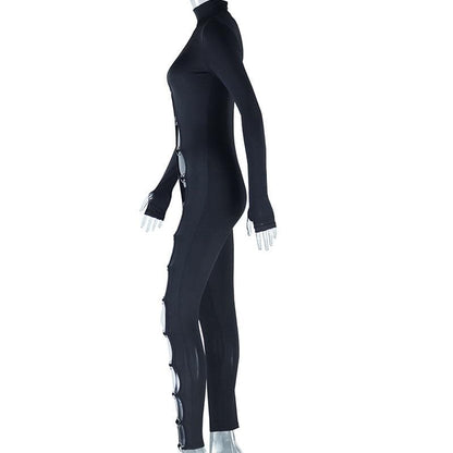 Long sleeve high neck o ring irregular jumpsuit