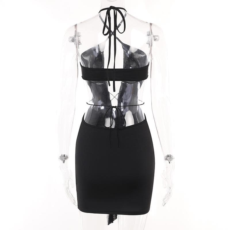 Halter Cross-Front Plunging Ruffle Trim Side Cutout Ruched Mini Dress