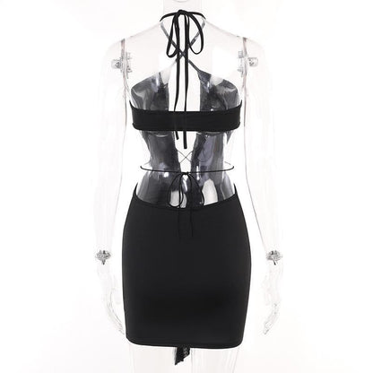 Halter Cross-Front Plunging Ruffle Trim Side Cutout Ruched Mini Dress