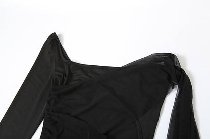 Long sleeve mesh patchwork hollow out jumpsuit