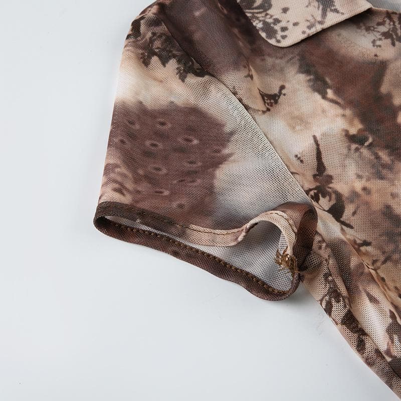 Short sleeve tie dye button sheer mesh top