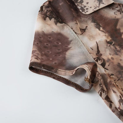 Short sleeve tie dye button sheer mesh top