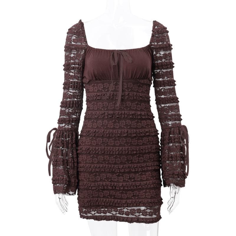 Square Neck Bow Tiered Floral Lace Bell Sleeve Ribbon Tie Bodycon Mini Dress