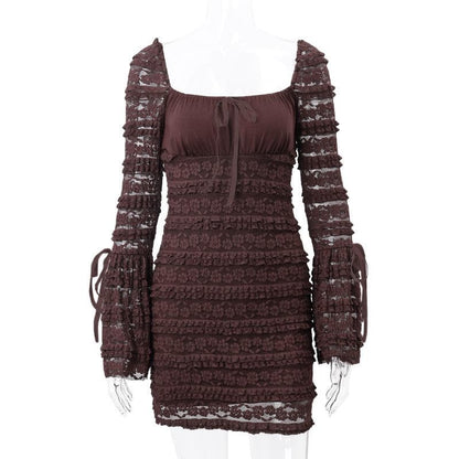 Square Neck Bow Tiered Floral Lace Bell Sleeve Ribbon Tie Bodycon Mini Dress