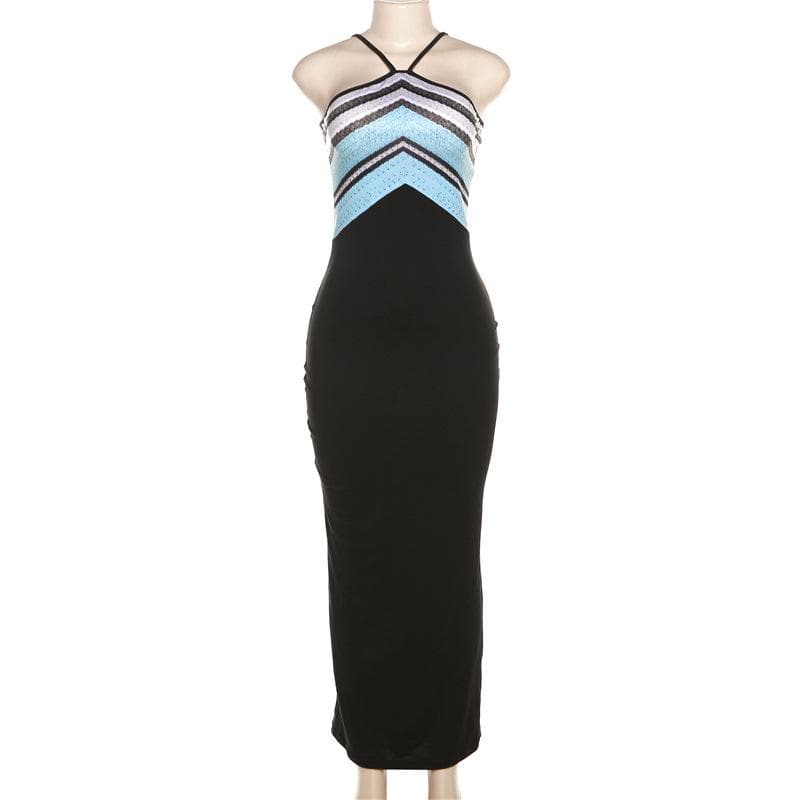 Halter Spaghetti Strap Chevron Print Contrast Bodice Bodycon Maxi Dress