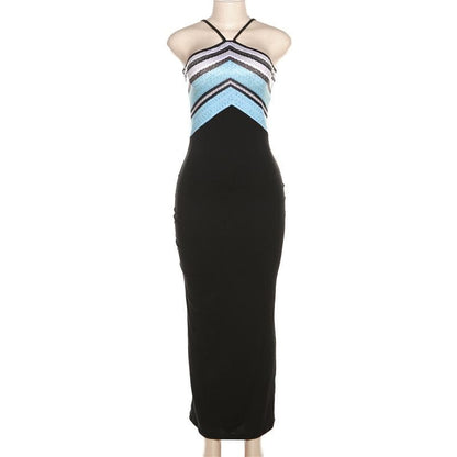 Halter Spaghetti Strap Chevron Print Contrast Bodice Bodycon Maxi Dress