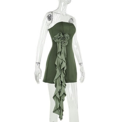 Flower applique ruffle zip-up tube mini dress