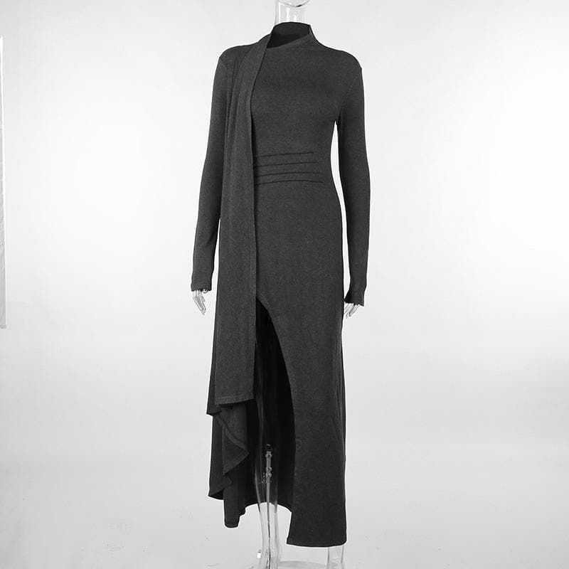 Long sleeve slit high neck solid maxi dress