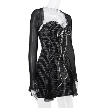 Long sleeve mesh plaid bowknot lace up shrug 2 piece mini dress