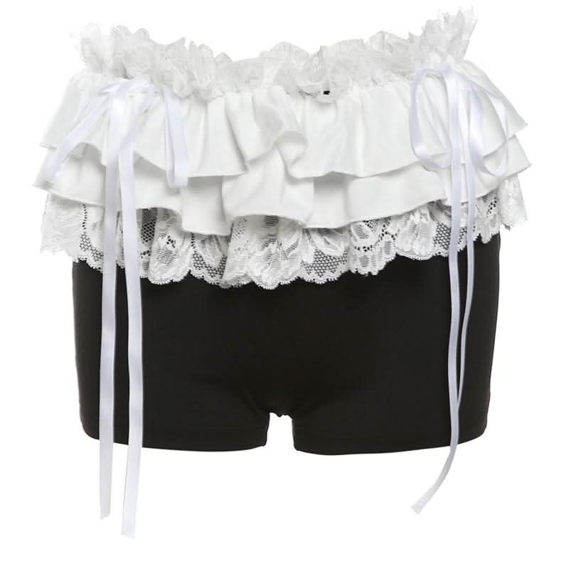 Lace hem ruched bowknot ribbon short pant