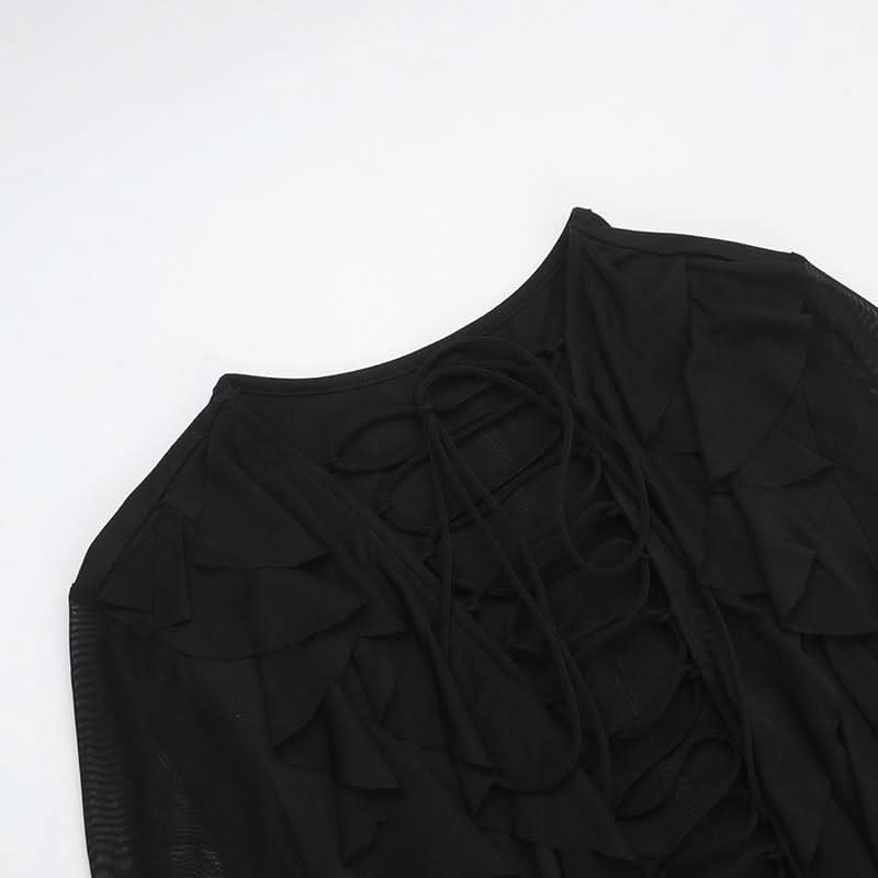 Long sleeve lace up ruffle self tie mesh mini dress