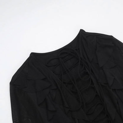 Long sleeve lace up ruffle self tie mesh mini dress